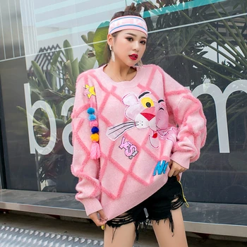 Tajska plima blagovno znamko dame pleteni pulover roza pulover ženske risanka sequined neto ir obrabe ohlapen pulover tassel