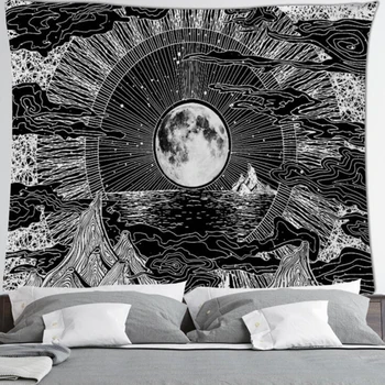 Tapiserija, Bela Black Sun Moon Mandala Tarot Tapiserije Steni Visi Nebesnih Hipi Stenske Preproge Preproge Domu Dekor 6M LED Luči