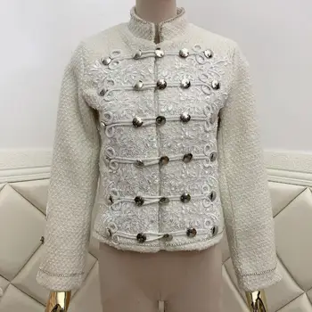 Težka industrija moda beaded majhna dišava tweed volnene plašč ženske jeseni in pozimi novi retro stojalo ovratnik kratke plašč