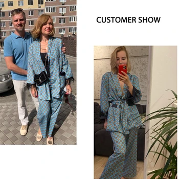 Toppies 2020 Modra Natisnjeni Kimono Jakno z Perja Rokave Široke Noge Svoboden Cuasal Hlače Ženske Vintage Oblačila Obleke
