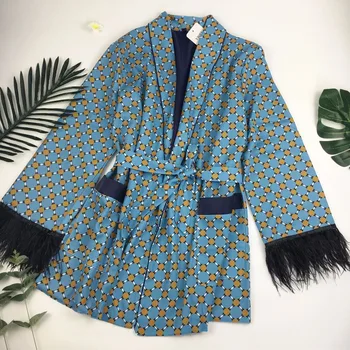 Toppies 2020 Modra Natisnjeni Kimono Jakno z Perja Rokave Široke Noge Svoboden Cuasal Hlače Ženske Vintage Oblačila Obleke