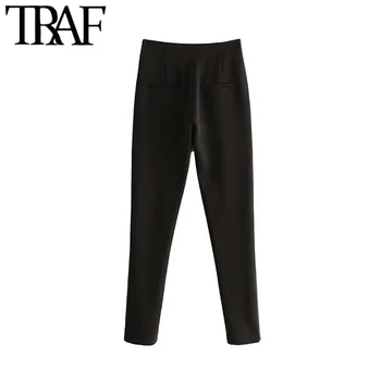TRAF Ženske Vintage Stilom Urad Nosijo Visoke Pasu Skinny Hlače Modni Strani Zadrgo Ženske Kratke Hlače Pantalones Mujer