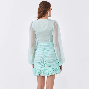 TWOTWINSTYLE Elegantno Mozaik Ruffle Obleko Za Ženske V Vratu Luč Rokav Visoko Pasu Ruched Mini Obleke Ženska 2020 Pade Nova