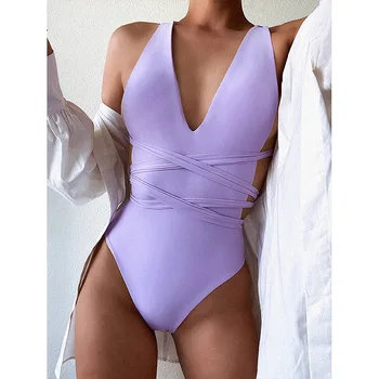 V-X Povoj en kos kopalke ženske Tangice bikini 2020 Seksi proti-vrat kopalke ženske biquinis Neon visoko izreži monokini Plaža obrabe