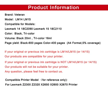 Veteran za Lexmark 14 15 Black & Barva Kartuše za Lexmark 14 15 Za Lexmark Z2300 Z2320 X2650 X2600 X2670 Tiskalnik