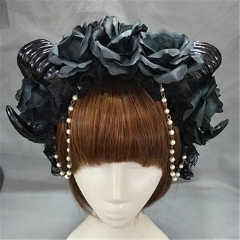 VEVEFHUANG Ročno Ovce rog Glavo Hairband Opremo Demon Zla Gothic Lolita Cosplay Halloween Pokrivala Prop