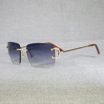 Vintage Nosorogovo Rimless sončna Očala Moških Ovalne Kamen Očala Luksuzni Kovinski Okvir Kvadratnih Odtenki Ženske za Poletje Klub Očala