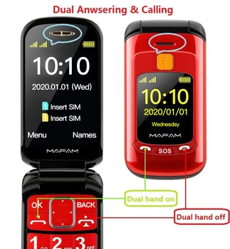 Višji Flip mobilni telefon Dvojni Dvojni Zaslon telefona z Dvojno SIM Hitro Izbiranje SOS tipko rusko Tipkovnico FM Za Stare Ljudi