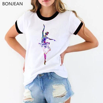 Vogue Akvarel Balet Umetnost majica s kratkimi rokavi ženske harajuku kawaii Balerina natisnjen tshirt femme 90. letih srčkan belo srajco vrhovi padec ladijskega prometa