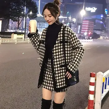 Volnene obleko za ženske do leta 2020 jeseni in pozimi Nove korejske modne majhna dišava tisoč ptic mrežo volnene plašč hip krilo obleko