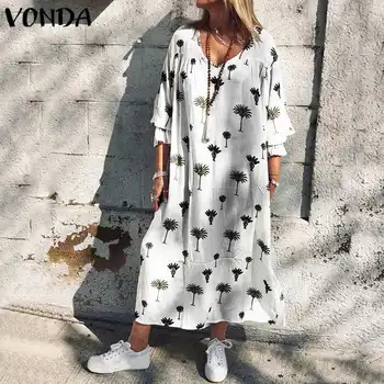 VONDA Print Maxi Dolga Obleka Ženske'Sundress 2021 Priložnostne Svoboden Dolg Rokav Plažo, Obleke, Bohemian Poletje Plus Velikost Stranka Vestido