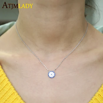 Vrhunska 925 sterling srebro zlo oko kubičnih cirkonij ogrlico, obesek krog jasno modro cz kamen ročno izdelan nakit za ženske