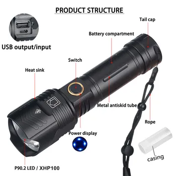 XHP100 Močna LED Svetilka baterijska Svetilka Taktično Svetilko USB Polnilne Zoomable Flash Svetlobe 18650 26650 Baterije Led Luč