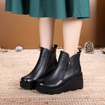Xiuteng 2020 Kratek Škornji Ženski Nacionalni Retro Slogu Ženske Čevlje 2020 Pozimi Novi Usnjeni Škornji Klin Z Debele Edini Ravno Čevelj