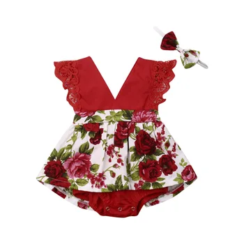 Za Malčke Baby Dekleta Cvetlični Obleka Brez Rokavov Čipke Cvetove Proti-Vrat Ruffles Jumpsuit Glavo, Obleke, Oblačila