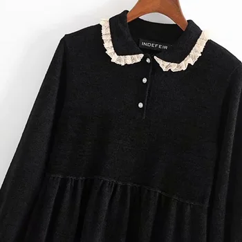 Za Črna Noša Nakit, Gumbi Midi Obleko 2020 Moda Ženiljska Ruffle Pleteno Obleko Ženske Dolg Rokav Elegantno Obleko