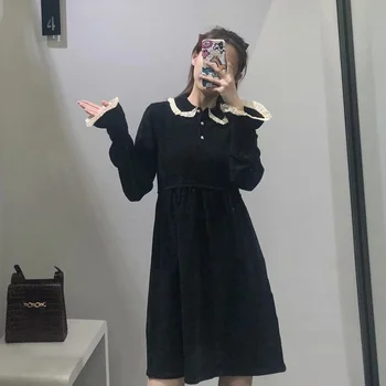 Za Črna Noša Nakit, Gumbi Midi Obleko 2020 Moda Ženiljska Ruffle Pleteno Obleko Ženske Dolg Rokav Elegantno Obleko