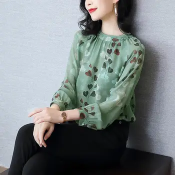 Zelena Natisnjeni Šifon Shirt Ženski Dolgo sleeved Moda Krog Vratu Temperament Svoboden Neokićen Puloverju Bluze za Ženske Pomlad