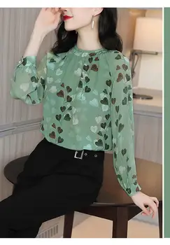 Zelena Natisnjeni Šifon Shirt Ženski Dolgo sleeved Moda Krog Vratu Temperament Svoboden Neokićen Puloverju Bluze za Ženske Pomlad