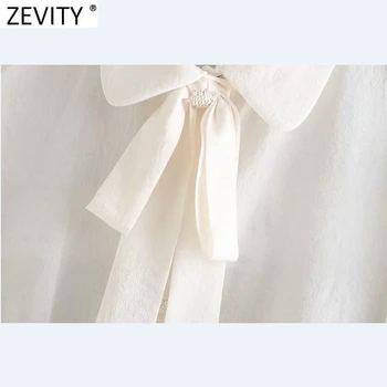 Zevity Novo 2020 Ženske Modni Lok Dekoracijo Trdna Priložnostne Kratka Bluza Urad Ženske Pearl Gumb Majica Elegantna Srajca Vrhovi LS7383