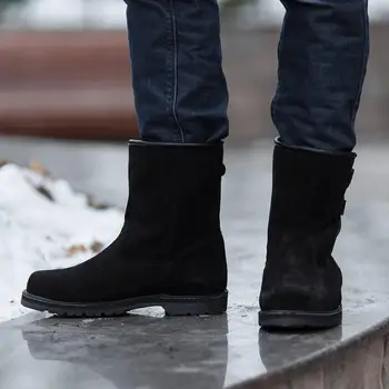 Zimski škornji za moške naravni črni usnjeni z Velcro, gume, ki je edini, pravega usnja, krzna, zimski škornji za moške