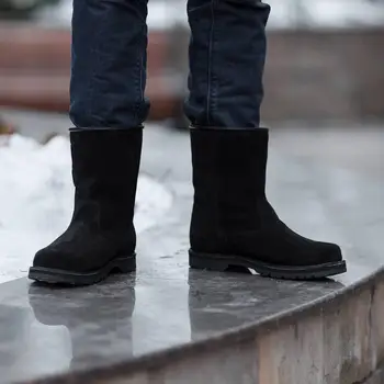 Zimski škornji za moške naravni črni usnjeni z Velcro, gume, ki je edini, pravega usnja, krzna, zimski škornji za moške