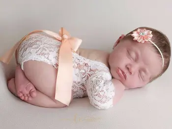 Čipke Obleka, Newborn Baby Dekle z Dolgimi Rokavi vidi skozi Lok Hairband Backless Komplet za Malčke Fotografija Foto Prop Oblačila