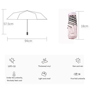 Črna Prevleka Pet Krat Unbrellas Za Zaščito pred Soncem Anti-UV Ženski Ultra Lahka Dežnik, ki Niso Samodejno Mini Prenosni Dežniki