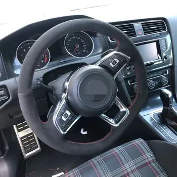 Črni Usnjeni Ročno sešijejo Avto Volan Kritje za Volkswagen Golf 7 Golf GTI R MK7 VW Polo GTI Scirocco 2016