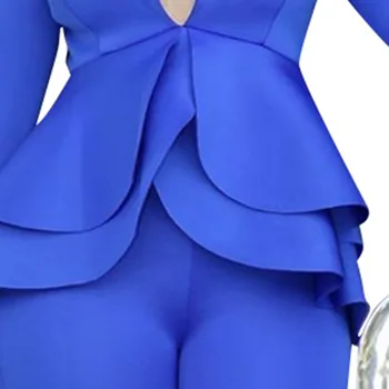 Ženske Določa Dve Kosov Elegantna Urad Dama Modra Ruffle, nanos na Vrh Hlače Priložnostne Poslovna Ženska Oblačila Oblačilo BREZ Pasu 2020 Jeseni