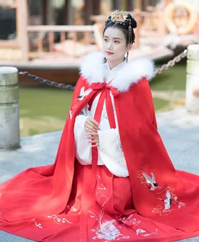 Ženske Hanfu Plašč, Zimski Gost, Črn, Slonovine Žamet Hooded Plašč Cape Kitajske Tradicionalne Hanfu Božični Kostum Za Ženske
