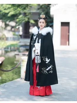 Ženske Hanfu Plašč, Zimski Gost, Črn, Slonovine Žamet Hooded Plašč Cape Kitajske Tradicionalne Hanfu Božični Kostum Za Ženske