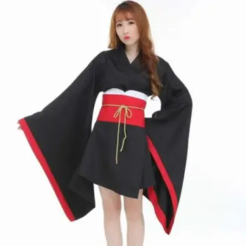 Ženske Japonski Tradicionalni Črn Kimono Cosplay Anime Obleko Kostume Črna Rdeča Kimono Anime Oblačila Kostum Bowknot Pasu Določa