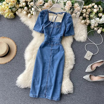 Ženske Jeansa Obleko 2020 Kratka Sleeved Priložnostne Spredaj Gumbi Kvadratnih Ovratnik Obleke Poletje Svoboden Blue Lady Jeansa Obleko Vestidos