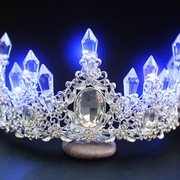 Ženske Kristalno Cvetlični Velik Baročni LED Tiara Headdress Nosorogovo Svetlobe Nevesta Kron Poroka Poročni Dodatki za Lase BH