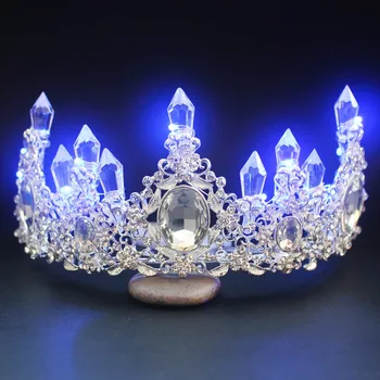 Ženske Kristalno Cvetlični Velik Baročni LED Tiara Headdress Nosorogovo Svetlobe Nevesta Kron Poroka Poročni Dodatki za Lase BH