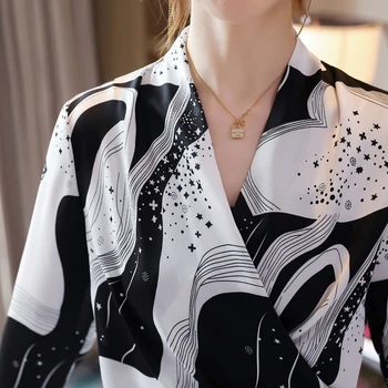 Ženske Seksi V Vratu Šifon Bluze 2020 Moda Dolg Rokav Natisnjeni Elegantno korejski Dame Vrhovi ženska Oblačila Slim Urad Majice