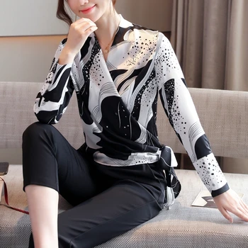 Ženske Seksi V Vratu Šifon Bluze 2020 Moda Dolg Rokav Natisnjeni Elegantno korejski Dame Vrhovi ženska Oblačila Slim Urad Majice