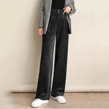 Ženske velvet wid noge dolge hlače priložnostne visoko pasu korejskem slogu trdna ženska Naravnost hlače elegantno vitek velika velikost OL hlače