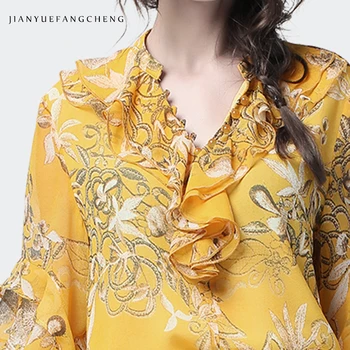 Ženske Zlati Cvetlični Šifon Ruffle Bluzo Pearl Gumbi Proti-Vrat Metulj Rokav Top Moda 2019 Novo Plus Velikost 4XL Poletje Blusa