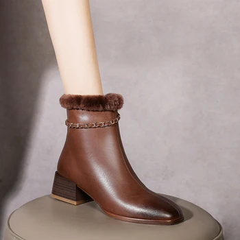 Ženske škornji naravnega usnja 14 cm cev Cowhide zgornjega + volne obloge tople škornje kovin, oblikovalec blagovne znamke luksuzni ženske čevlje 2020
