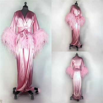 Ženski kopalni plašč Pero Celotno Dolžino Roza Nightgown Pižamo Sleepwear Perilo za Ženske Priložnostih Halje Housecoat More Šal