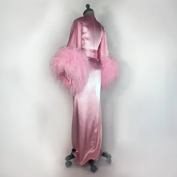 Ženski kopalni plašč Pero Celotno Dolžino Roza Nightgown Pižamo Sleepwear Perilo za Ženske Priložnostih Halje Housecoat More Šal